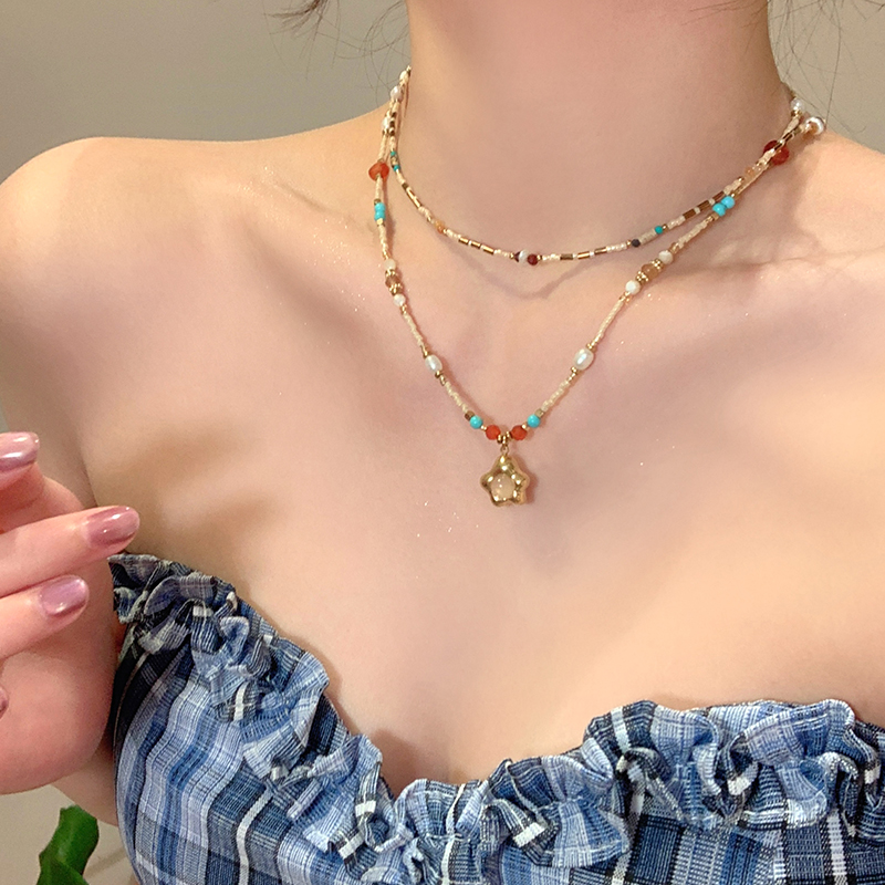 春季彩色玛瑙太阳花天然石串珠叠戴项链女高级感小众锁骨链颈链