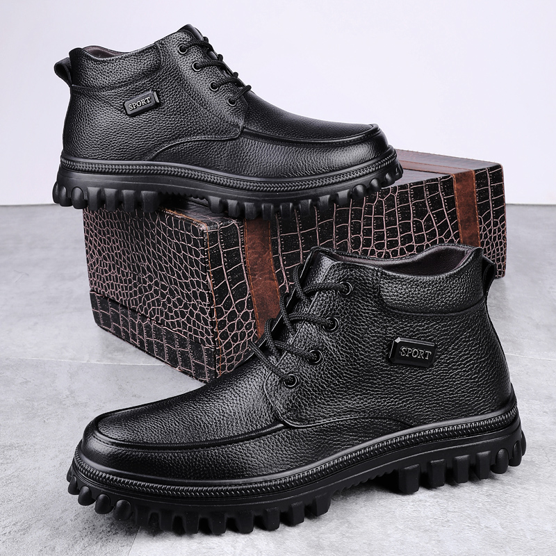 特大码真皮男鞋秋冬款棉鞋新款加绒头层牛皮男款雪地靴中年爸爸鞋
