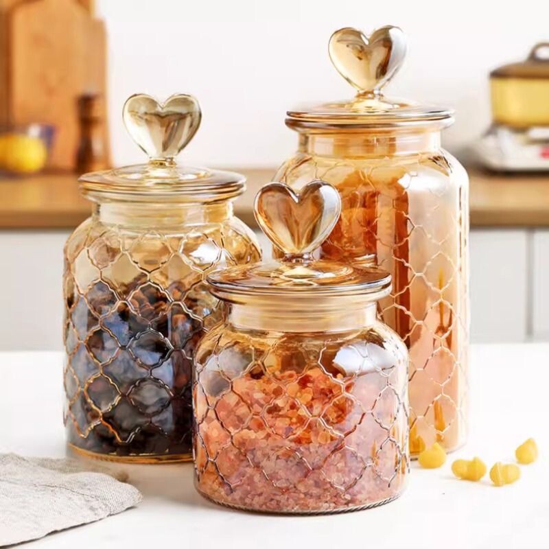 玻璃密封罐茶叶零食厨房储物罐蜂蜜柠檬瓶大号爱心形盖糖果储物罐