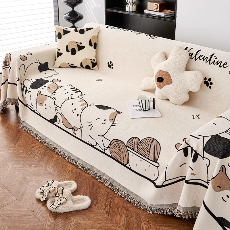 雪尼尔沙发巾四季通用防猫抓一整张全盖布可爱沙发套罩卡通氛围