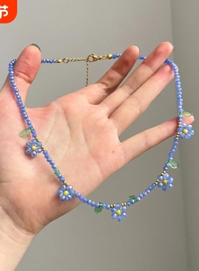 小清新蓝色花朵串珠项链女小众设计度假风甜美高颜值百搭锁骨链
