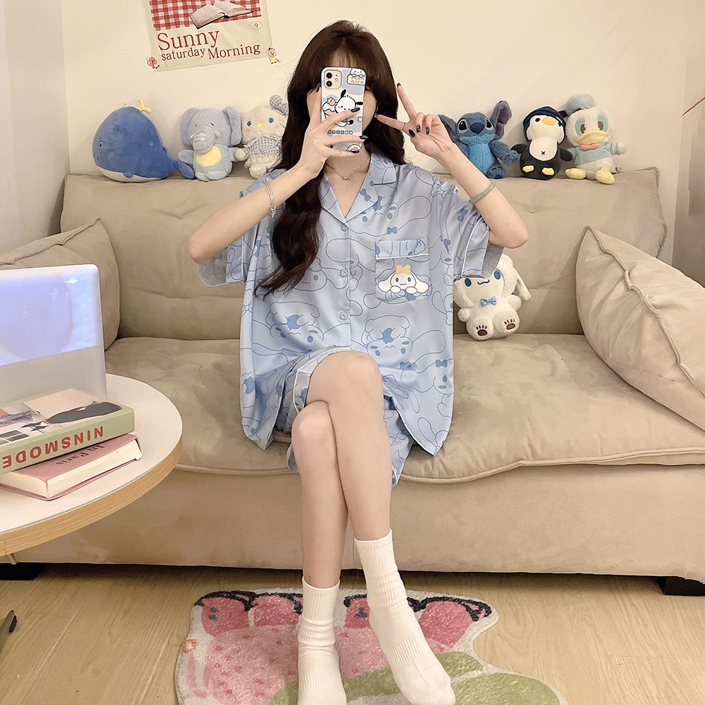 儿童睡衣女童冰丝短袖短裤薄款夏季中大童玉桂狗亲子装家居服套装
