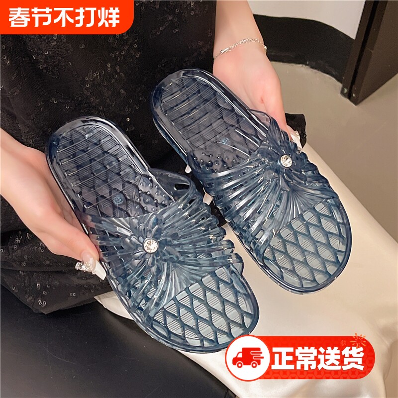 女士室内洗澡夏季凉拖鞋水晶外穿透明新款中老年拖鞋平底镂空防滑