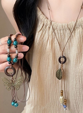 新中式木珠蝴蝶树叶陶瓷椭圆形吊坠项链复古锁骨链小众设计感项饰