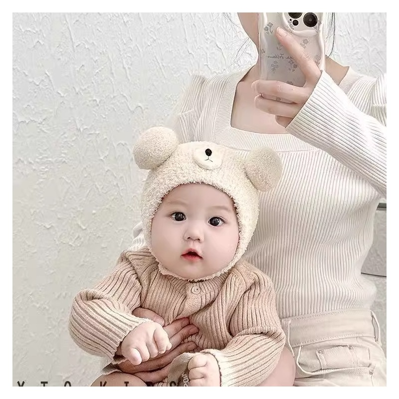 婴儿帽子秋冬款新生婴幼儿护耳帽纯棉可爱保暖男女宝宝针织毛绒帽