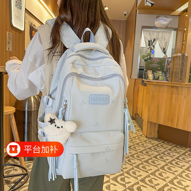 初中生高中学生双肩包大学生新款简约设计上课背包防水绿色帆布