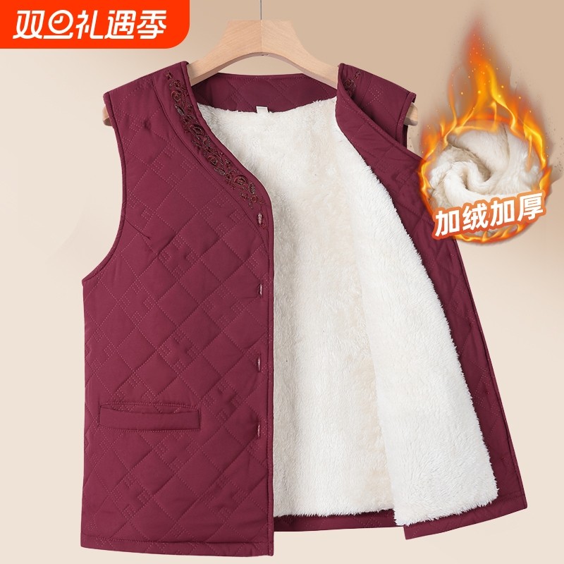 中老年人冬装保暖马甲女奶奶加绒加厚马夹老太太妈妈秋冬红色开衫