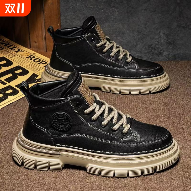 马丁靴男高帮秋季英伦风真皮男士休闲皮鞋中帮增高防水工装靴黑色