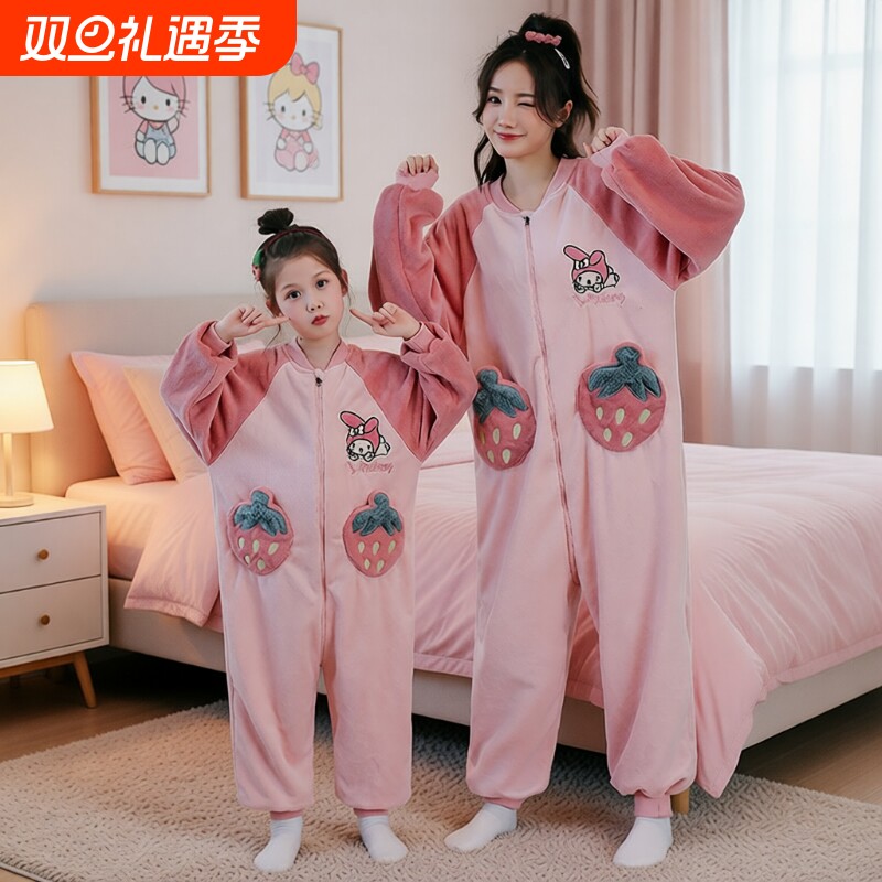 2025新款儿童连体睡衣秋冬季女童宝宝珊瑚绒睡袋母女亲子装家居服