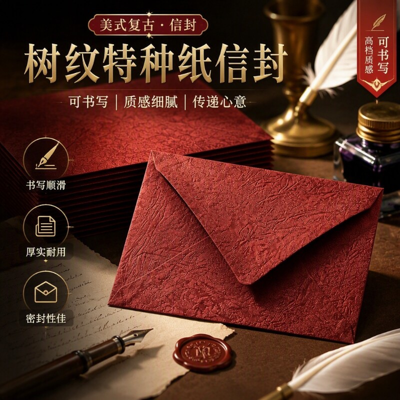 可书写美式节日祝福高级感信笺树纹信封特种纸节日祝福明信片请柬贺卡收纳信件袋高档火漆信笺红色