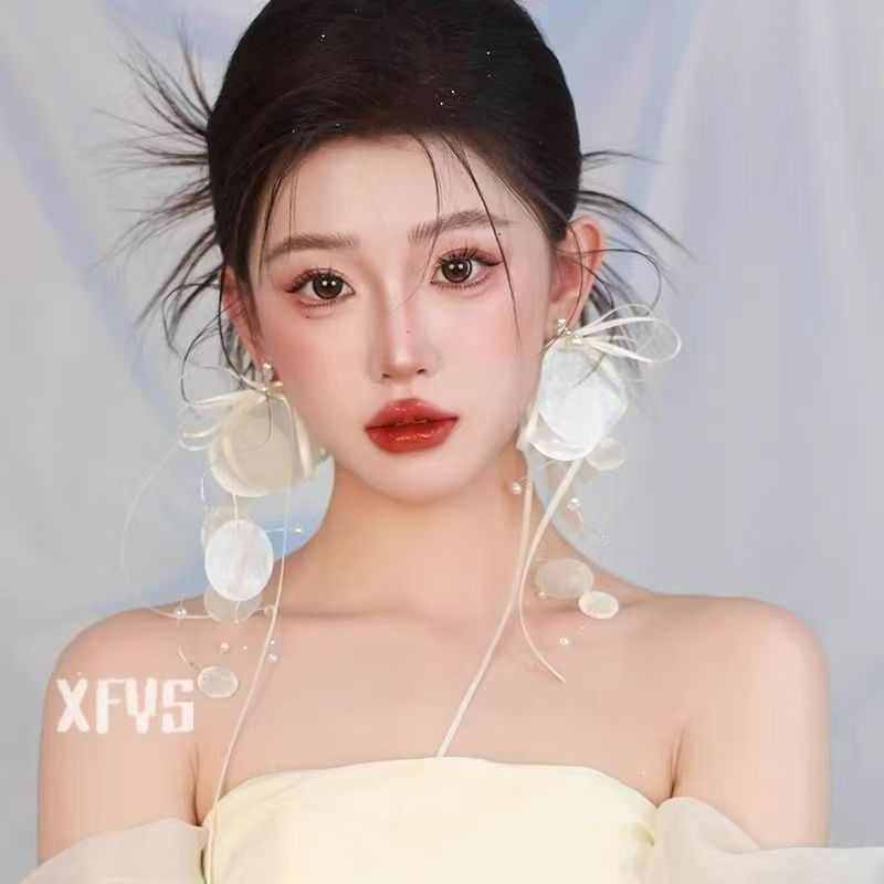 新款法式复古圆片蝴蝶结流苏耳环新娘长款耳钉结婚纱礼服耳饰