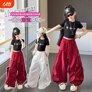 女童夏季薄款裤子速干女大童爵士舞Hiphop儿童炸街工装裤短袖套装