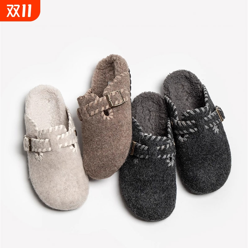 复古韩版毛呢勃肯鞋包头半拖鞋女外穿2025秋冬新款厚底加绒棉拖鞋