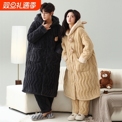 珊瑚绒情侣睡衣加厚加绒三层夹棉