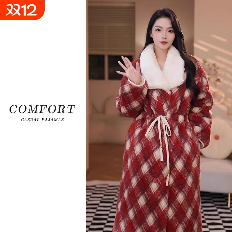 冬季夹棉珊瑚绒加厚睡袍套装