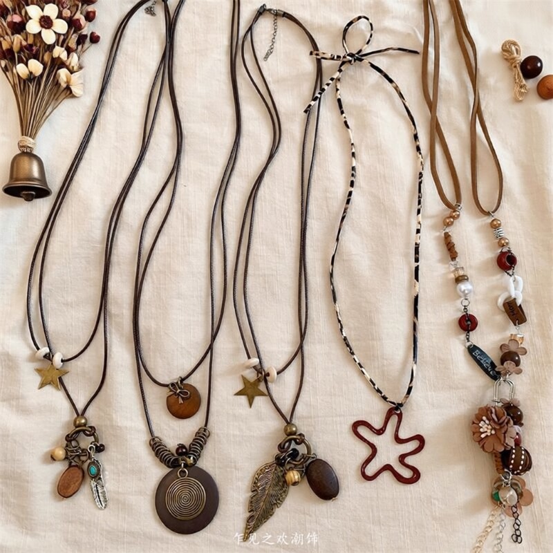 民族风新中式古铜叠戴项链女波西米亚风长款毛衣链挂脖配饰皮绳