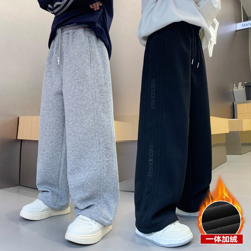 儿童加绒裤子男童阔腿裤2025运动直筒长裤秋冬装绒中大童黑色新款