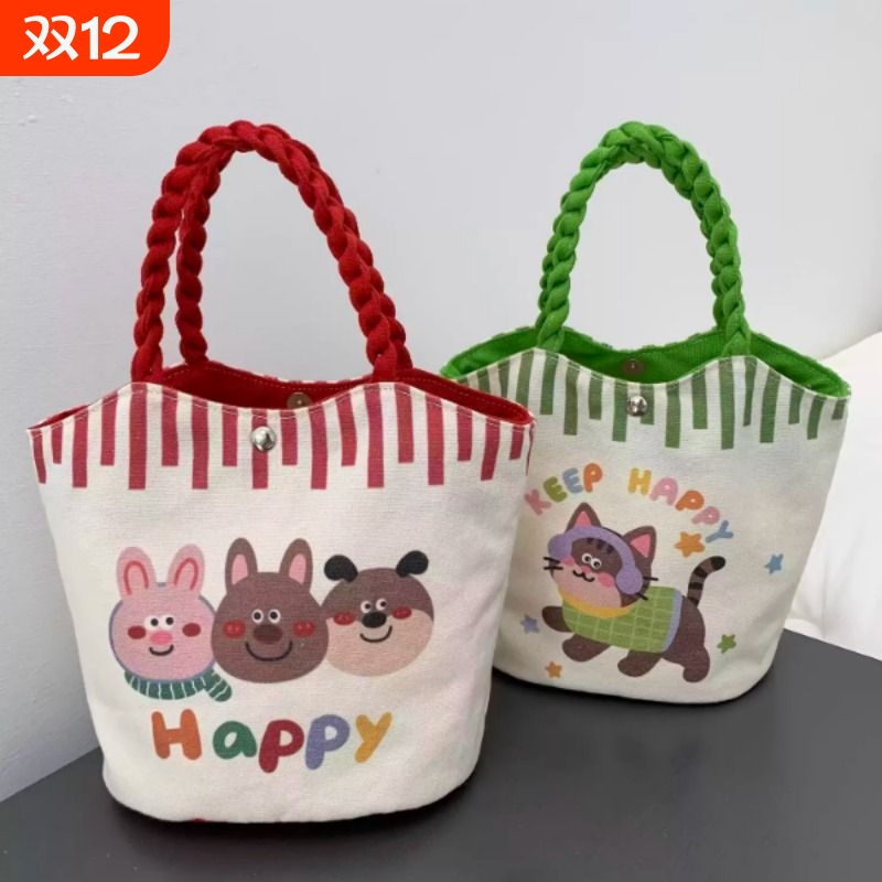 2025新款加厚ins卡通手提饭盒水桶包小号便携手拎帆布包大容量