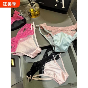 爆款蕾丝边缎面纯欲玫粉色蝴蝶结性感辣妹三角内裤低腰夏季薄黑色