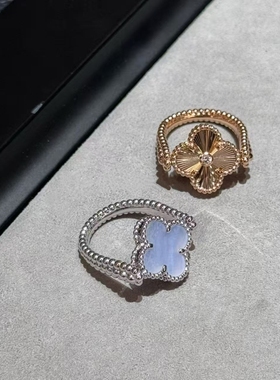 新款限定品质白金紫玉髓可翻转式戒指灰贝母双面可带18k玫瑰金