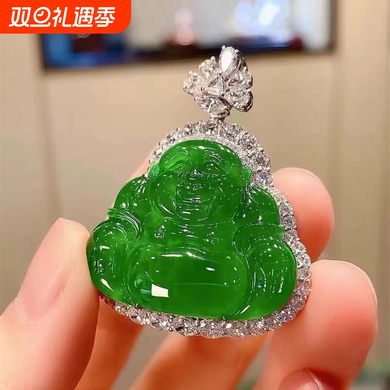 缅甸翡翠色如意叶子高冰种辣阳绿仿A货玉髓吊坠观音佛公弥勒佛