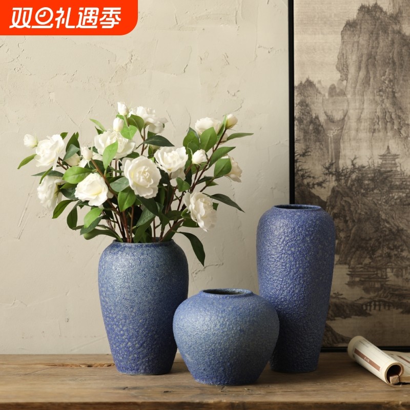 景德镇新中式陶瓷花瓶复古怀旧粗陶罐高级花器客厅台面装饰品摆件