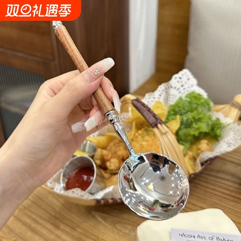 【西式小蛮腰】高档货黄仿花梨木纹手柄精品级不锈钢喝汤勺子主餐