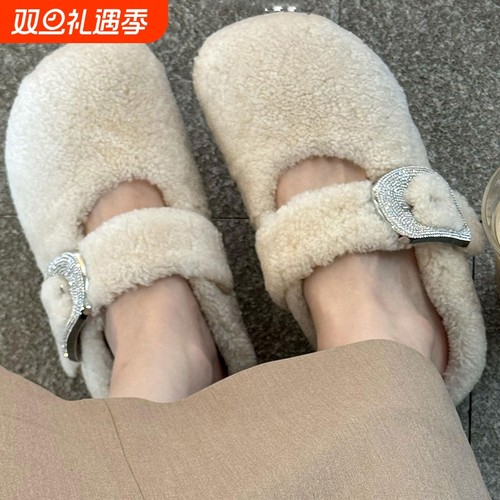同款白色爆款包头羊羔毛毛拖鞋女外穿加绒棉鞋水钻勃肯鞋内增高