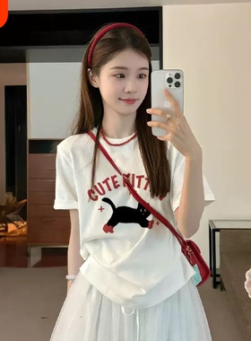 短袖t恤女款2026新款夏季白色纯棉半袖上衣设计感小众女印花休闲