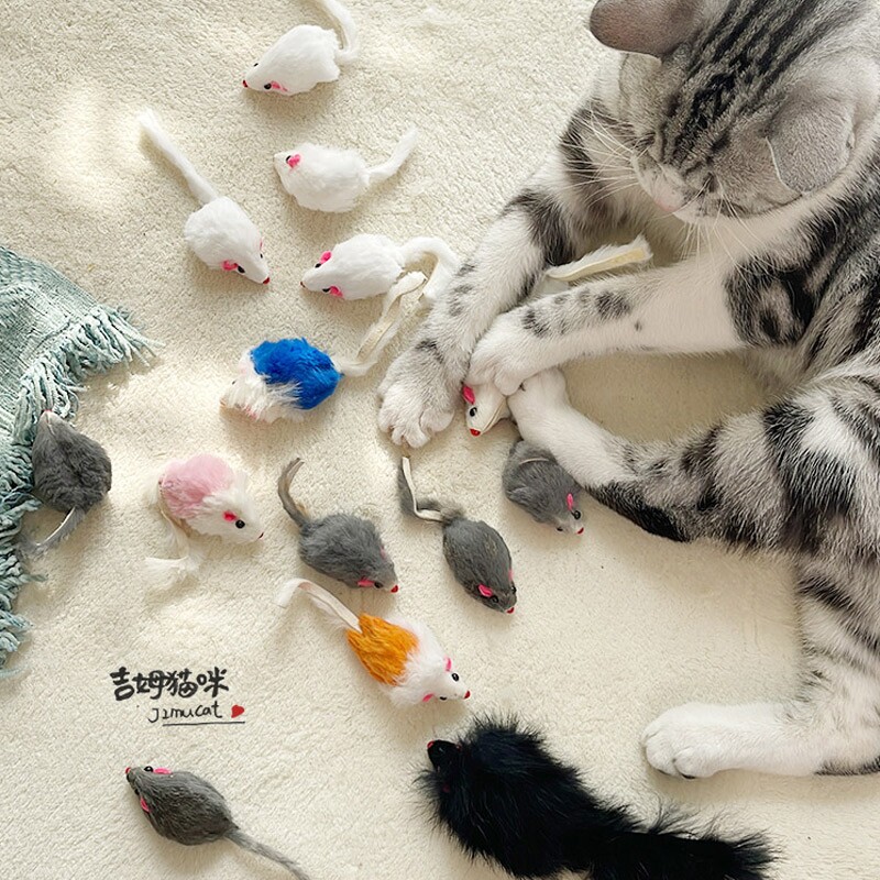 猫玩具兔毛老鼠灰白兔皮逗猫剑麻长尾巴沙沙响可爱仿真耗子5只装