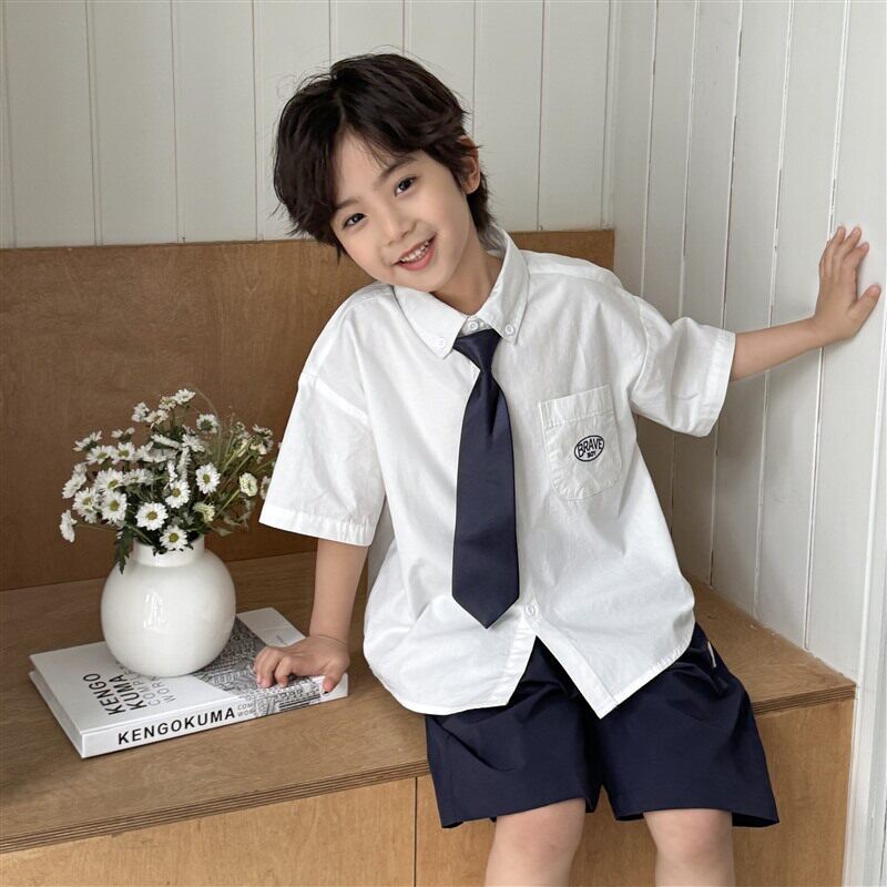 男童衬衫短袖夏季2026新款儿童学院风领带白衬衣宽松男孩夏装上衣
