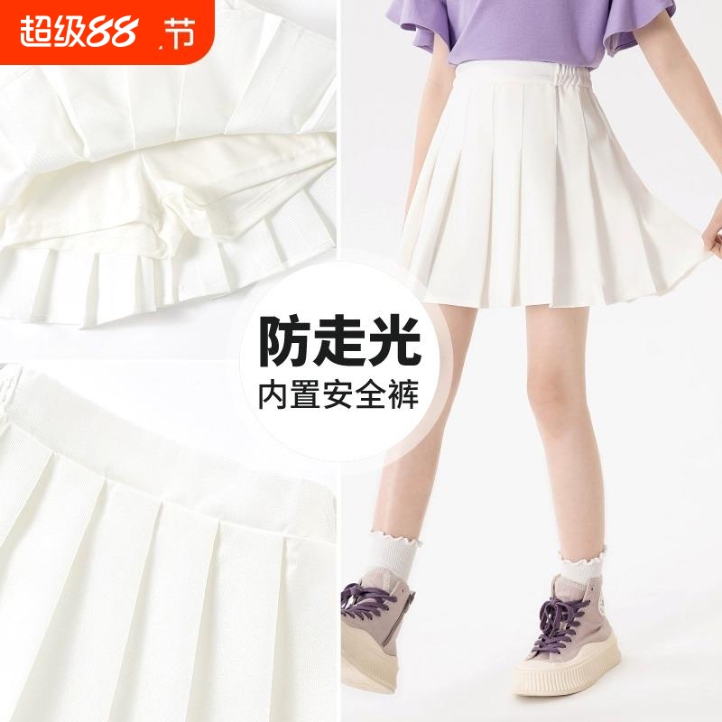 女童百褶裙春秋短裙儿童裙子夏季半身裙大童带裤白色裙裤安全裤