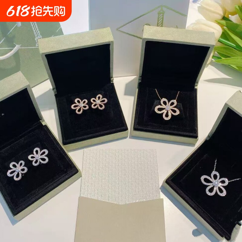 全新高定品质太阳花项链925银镀18k玫瑰金耳钉银色金色白金纯银