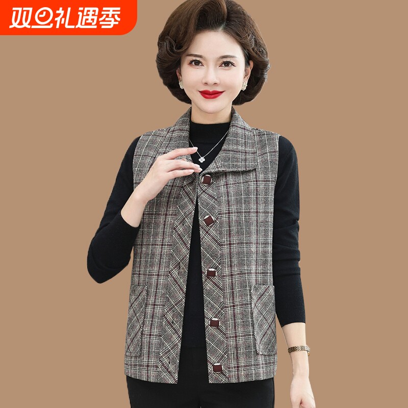 中老年人妈妈秋装格子马甲外套中年女装时尚洋气春秋坎肩衣服薄款