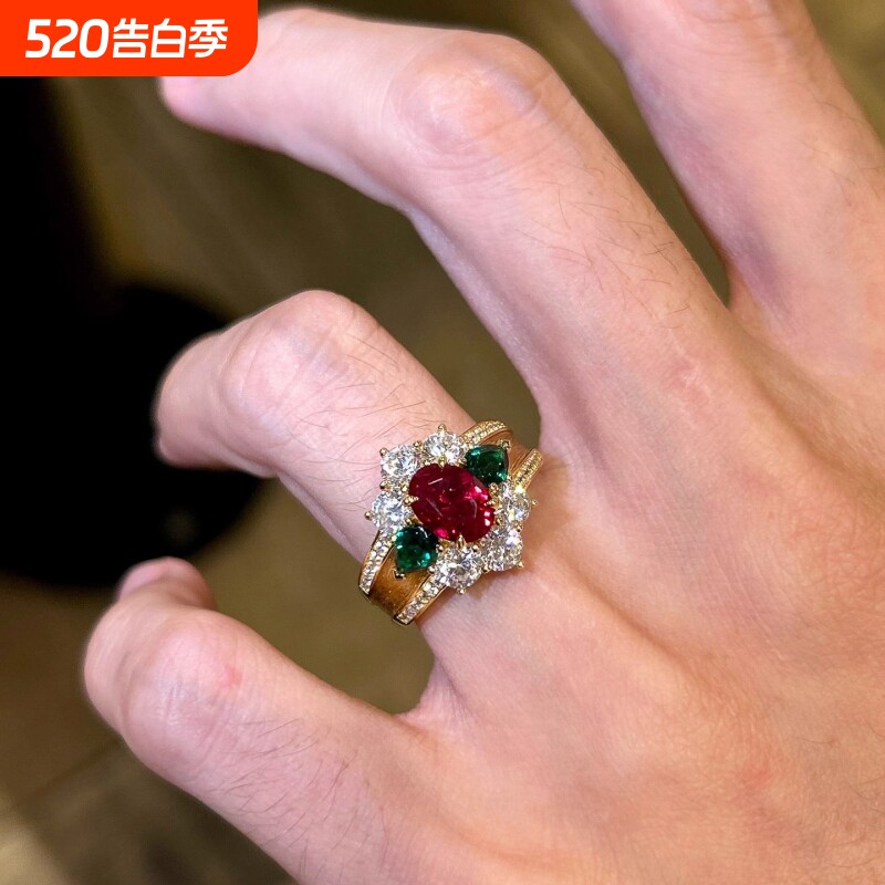 轻奢优雅风红色绿宝石开口金戒指女高级感小众食指戒