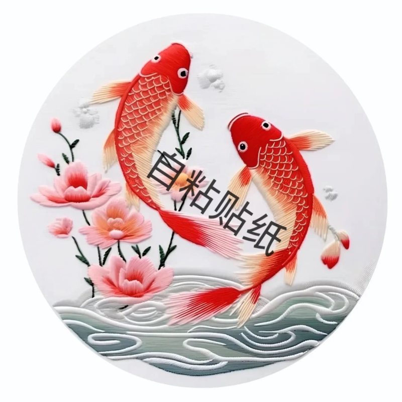 双鱼吉庆圆形墙贴壁画国风刺绣锦鲤防水自粘高级感客厅家用装饰画图片