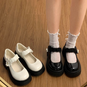 黑色法式厚底玛丽珍小皮鞋女2024新款秋季配裙子圆头珍珠粗跟单鞋