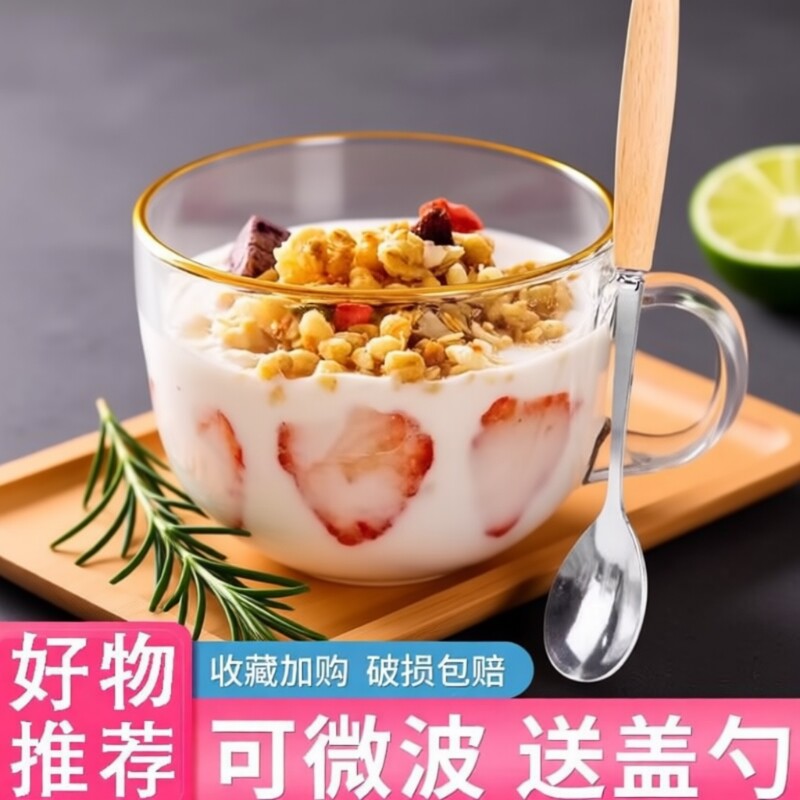 酸奶碗大容量玻璃杯燕麦片早餐杯子女牛奶杯带盖勺碗杯带把咖啡杯