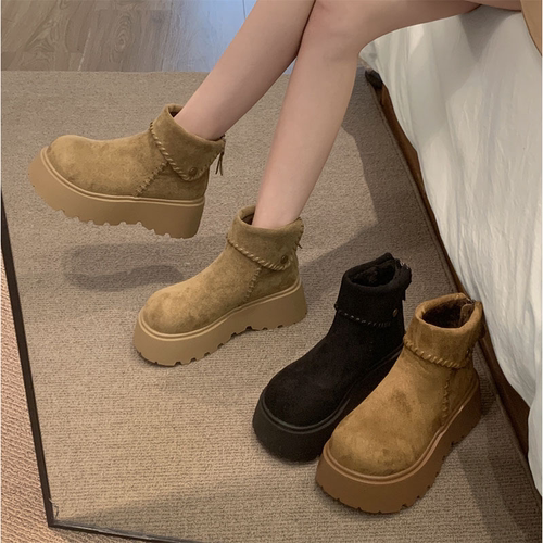 香港厚底雪地靴女2025新款冬季加绒小个子增高马丁靴加厚保暖棉鞋