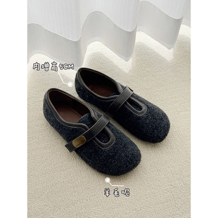 平底 魔术贴加绒玛丽珍鞋 内增高5cm复古百搭毛毛鞋 女2025秋冬新款
