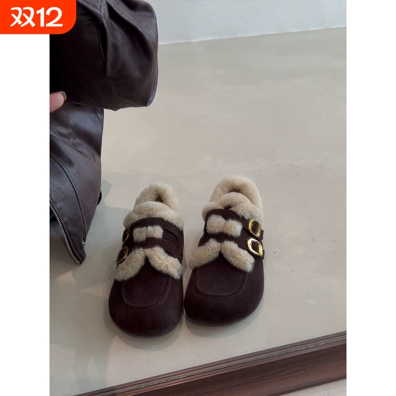 羊皮~2025秋冬新款真皮复古圆头加绒保暖毛毛厚底内增高勃肯鞋女