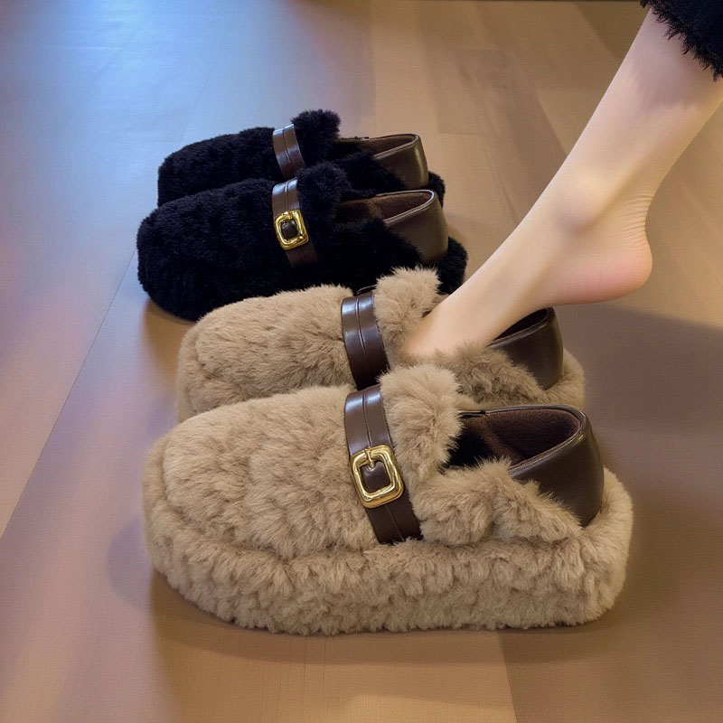 羊羔绒厚底毛毛鞋女秋冬新款一脚蹬黑色毛茸茸豆豆鞋增高棉鞋毛绒