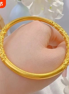 古法卷草纹实心手环合金手镯雕花送女友老婆七夕情人节礼物可水洗