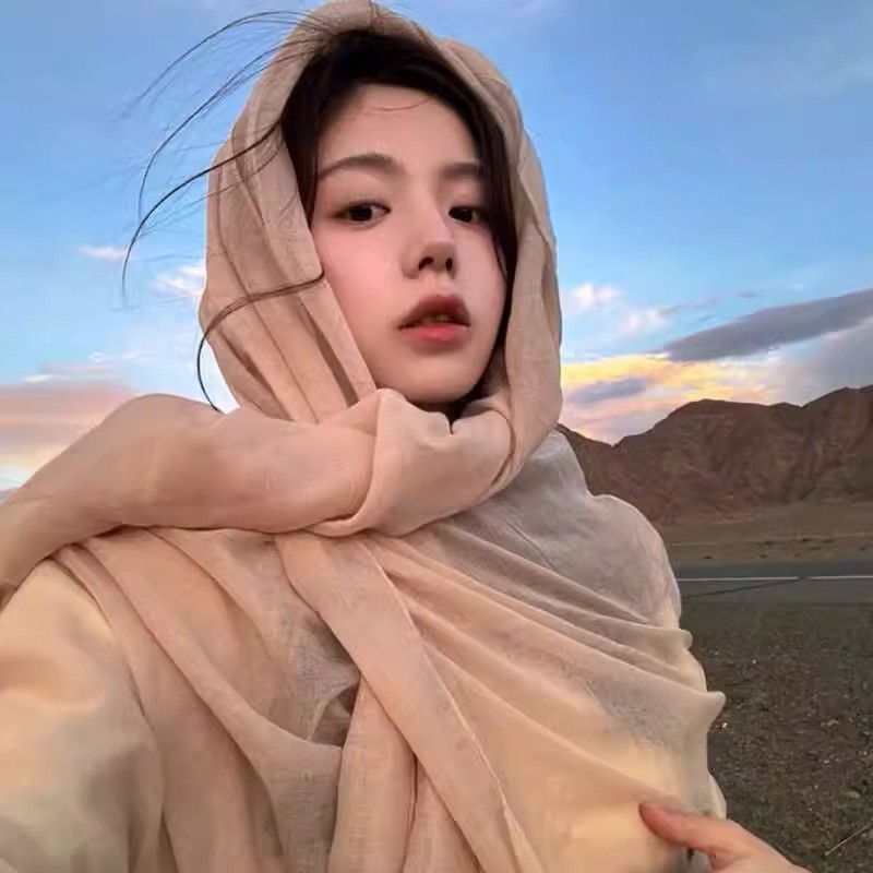 棉麻披肩丝巾夏季女2025新款纯色外搭薄款敦煌旅游头巾红色白色