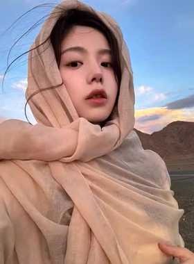 棉麻披肩丝巾夏季女2025新款纯色外搭薄款敦煌旅游头巾红色白色