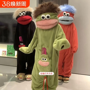 大嘴怪珊瑚绒丑鱼睡衣女款冬季男加绒加厚可爱搞怪睡袍连体家居服