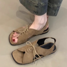 真皮版~一字带镂空系带罗马凉鞋百搭复古露趾休闲沙滩平底凉鞋女
