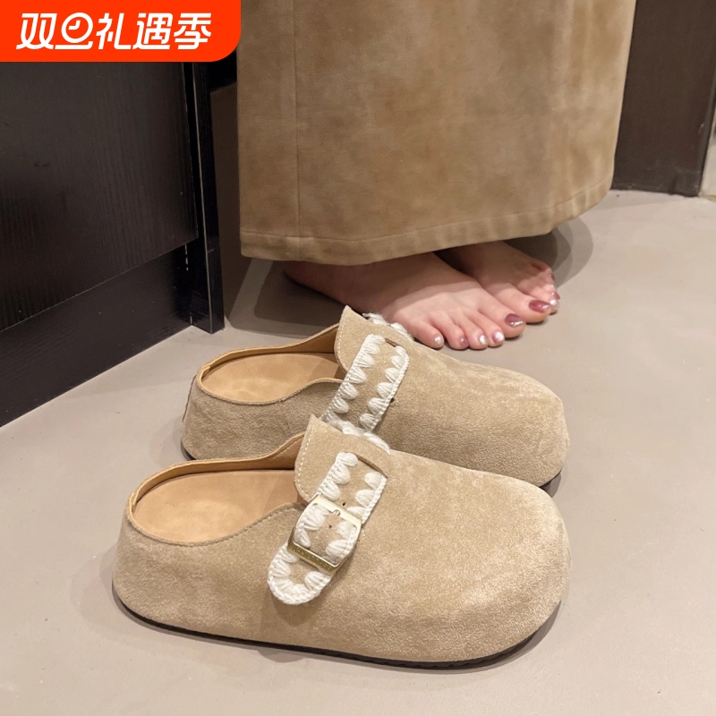 厚底增高包头半拖鞋女2025秋季新款一脚蹬勃肯鞋白色平底刺绣