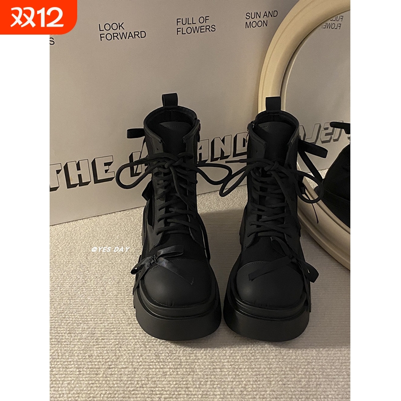 YesDay小众百搭厚底马丁靴女2025秋季新款蝴蝶结短靴高跟粗跟圆头
