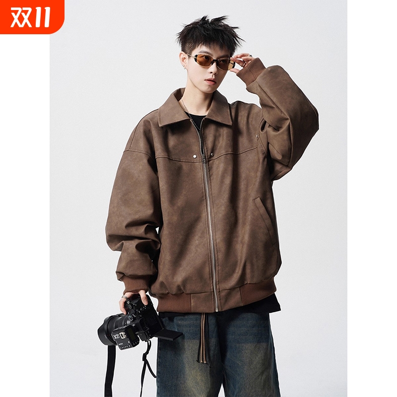 潮牌复古翻领皮衣男秋季美式cleanfit宽松皮夹克高街百搭痞帅外套